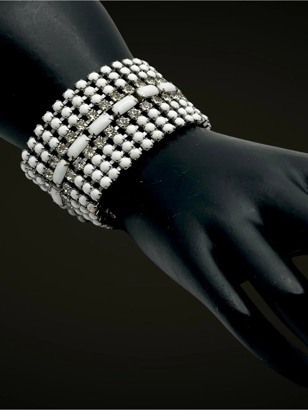 Stunning Vintage MidCentury Milk Glass and Rhinestone Statement Bracelet Estate